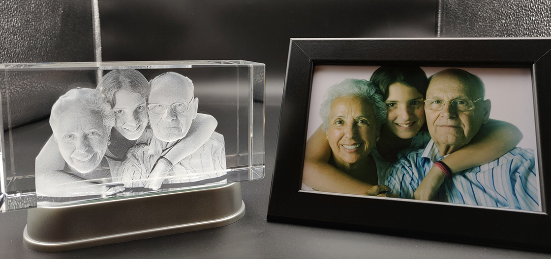 grandparents photo engraved inside a crystal