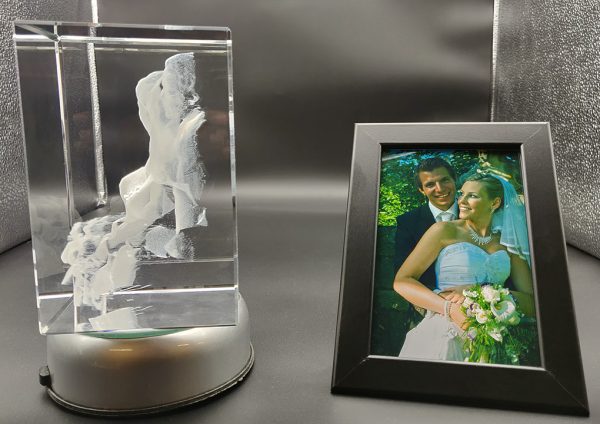 bride and groom left side photo view engraved inside a crystal